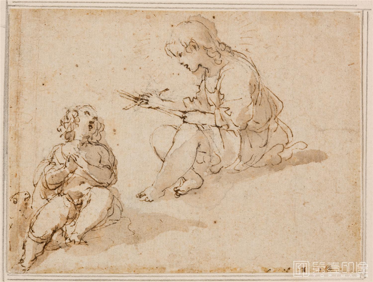 素描-西班牙普拉多美术馆素描藏画-Espinosa, Jeronimo Jacinto-Jesus y San Juan Bautista, ninos-0962